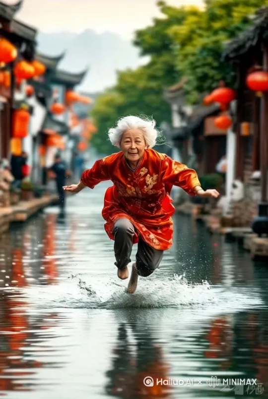 大妈先在水面上大步飞奔两步，然后大妈从水面上跳到右边的屋顶上，镜头右移左摇跟随大妈，高速运镜 by Hailuo AI Video Generator