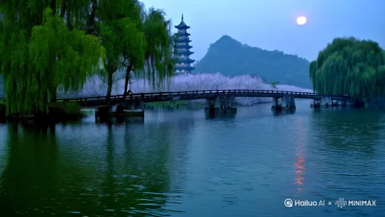 碧波映翠柳，断桥连孤山，荷香绕苏堤，塔影月朦胧。[推进] by Hailuo AI Video Generator