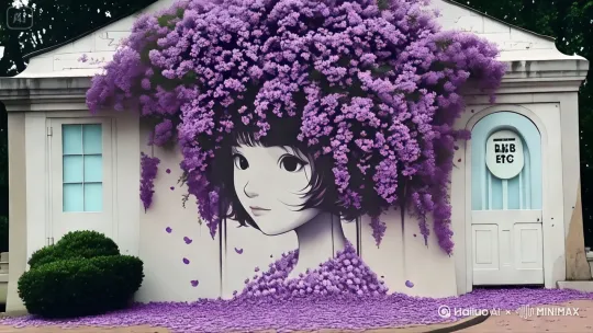 镜头环绕，墙壁上绘画的少女不动，花朵或者植物被风吹动，左右摇摆，[左移,上升] by Hailuo AI Video Generator