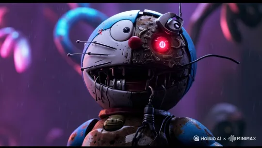 “Cyberpunk Doraemon, half-mechanical face with rusty gears rotating, red glowing eye flickering menacingly, dark liquid dripping from metal joints, holographic glitches distorting the background, dramatic low-angle lighting with neon reflections, slow panning camera around the character, eerie mechanical whirring sound effects, dystopian rain intensifying, cinematic 8k ultra-detailed 3D animation, trending on ArtStation, Unreal Engine rendering”

补充细节（强化动态与邪恶感）:

机械运动：用"rotating gears"/"sparking wires"强调机械结构的动态
表情控制：添加"sinister smirk creeping across face"让表情渐变邪恶
环境互动：用"rain splashing on metal surface creating steam"增加场景动态
镜头语言：通过"dutch angle shot"/"zoom-in on glowing eye"制造压迫感
后期特效：叠加"chromatic aberration"/"cyberpunk scanlines"强化数字腐化感 by Hailuo AI Video Generator