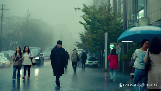 在下雨的天气里，听见一首歌回头，看到了别人甜甜的恋爱，突然回忆起自己的前任，瞬间落泪，但是因为在街上，匆匆将眼泪擦去 by Hailuo AI Video Generator