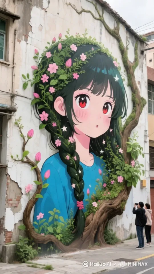 这是一幅墙绘作品，墙绘中的小女孩人物保持不动。墙绘上植物的树叶和花朵在微风吹动下自由飘扬，拿着手机的人物在原地拍摄[左移,右摇,跟随] by Hailuo AI Video Generator