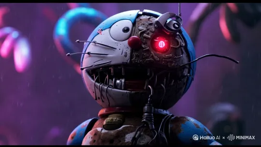 “Cyberpunk Doraemon, half-mechanical face with rusty gears rotating, red glowing eye flickering menacingly, dark liquid dripping from metal joints, holographic glitches distorting the background, dramatic low-angle lighting with neon reflections, slow panning camera around the character, eerie mechanical whirring sound effects, dystopian rain intensifying, cinematic 8k ultra-detailed 3D animation, trending on ArtStation, Unreal Engine rendering” （残破半张脸的发光机械眼睛忽明忽暗）

补充细节（强化动态与邪恶感）:

机械运动：用"rotating gears"/"sparking wires"强调机械结构的动态[左移,推进,右摇]
表情控制：添加"sinister smirk creeping across face"让表情渐变邪恶[左移,右摇,跟随]
环境互动：用"rain splashing on metal surface creating steam"增加场景动态
镜头语言：通过"dutch angle shot"/"zoom-in on glowing eye"制造压迫感
后期特效：叠加"chromatic aberration"/"cyberpunk scanlines"强化数字腐化感 by Hailuo AI Video Generator