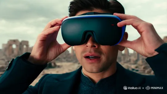 男主人公正面近景，主人公摘下VR眼镜的一刻开始，镜头左横移,逐步拉远,主人公露出惊讶的眼神看着周围的一片废墟，逐渐展现全景，此时一位女主人公走进镜头，给了男主人公一个温暖的拥抱 by Hailuo AI Video Generator