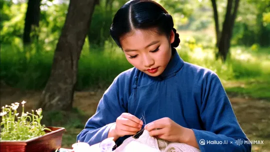 1上个世纪四十年代河北农家少女，不高不矮的身材，一头挽起的秀发，弯眉秀目，穿一身斜襟兰色衣裤，正在做女红。 by Hailuo AI Video Generator