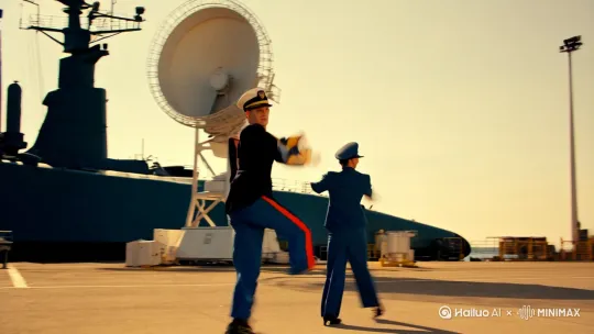 在4月23日海军节这天，1个穿着海军制服的男兵和1个穿着空军制服的女兵跳舞庆祝，旁边有一艘潜艇和大型雷达！ by Hailuo AI Video Generator