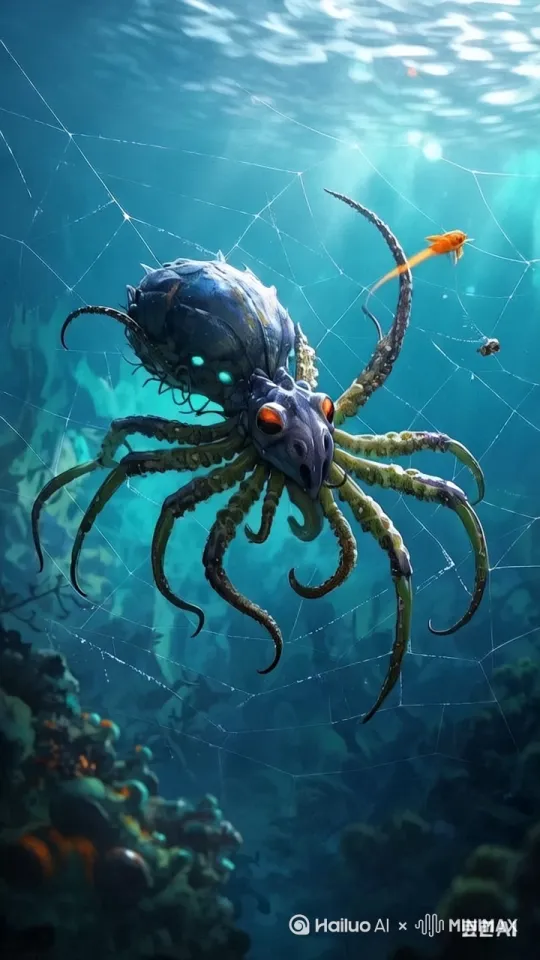 拥有章鱼和蜘蛛习性的海洋生物，在海中编织巨大的网静静等待它的猎物 by Hailuo AI Video Generator
