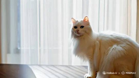 毛绒绒白色猫咪[左移,推进,右摇] by Hailuo AI Video Generator
