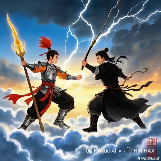 画面中的哪吒和雷震子，正拿着各自的武器，打在了一起，最后哪吒胜利。时长一分钟。 by Hailuo AI Video Generator