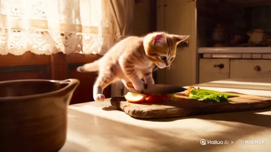 一只小猫正在做一个丰盛的晚餐。，等待其他小猫一起过来吃，煮饭的小猫手持一把菜刀，正在剁菜。 by Hailuo AI Video Generator