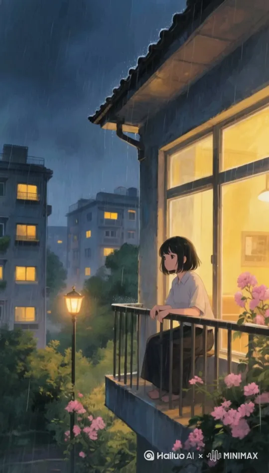 镜头固定，屋外小雨熙熙，女孩独自赏雨景，风吹动女孩的头发，花朵也随之摇曳 by Hailuo AI Video Generator