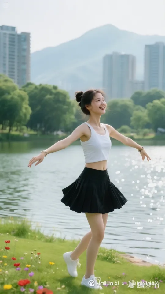 湖畔轻舞，邂逅美好
 
阳光倾洒，微风轻拂，她在湖畔开启这场与自然的共舞。
 
她先是双脚并拢，脚尖轻点草地，双臂垂于身侧，似与远处山峦对话。接着，双臂如花朵绽放，缓缓抬至肩高，掌心朝下，头部随之转向正前方，眼神明亮。右脚踮起，带动身体向右前方轻移，左脚跟上，双臂柔和摆动，似湖边漫步的精灵。
 
忽然，她快速向左旋转半圈，左臂向左上方伸展，右臂弯曲轻触左腰侧，头转看向左手，尽显柔韧。回位后换侧重复。随后，从腰部起，身体如波浪起伏，双臂配合缓缓抬起，似在水中划动，灵动协调。
 
紧接着，她双脚蹬地跃起，右腿向前踢出，膝盖伸直、脚尖绷直，左腿支撑，双臂在头顶击掌。落地后换左腿重复，动作利落充满活力。
 
最后，她原地快速旋转，裙摆飞扬。旋转毕，缓缓下蹲，双臂回落贴于大腿外侧。起身并拢双脚，挺直身体，温柔望向远方，沉浸在舞蹈的美好中，为这场湖畔之舞画上完美句号。 by Hailuo AI Video Generator