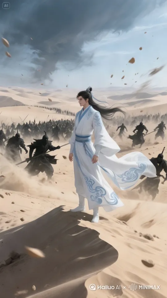 战场(凌羽：男主角，清风剑派的杰出弟子，长相英俊潇洒，气质超凡脱俗。自幼天赋异禀，对剑术有着极高的悟性，性格坚毅，心怀正义，立志要守护这片大陆的和平。身着一袭白色劲装，镶以淡蓝色丝线勾勒出云纹，衣袂飘飘，宛如谪仙)战场处于一片荒芜的大漠，狂风卷着沙砾漫天飞舞，遮天蔽日。凌羽身着白色劲装，立于沙丘之巅，衣袂猎猎作响。远方，敌人如黑色潮水般涌来。
 
- 姿态：双脚迅速站成马步，间距比肩宽出一拳，膝盖弯曲呈90度，稳稳扎根于沙丘，如同一座不可撼动的高山。
- 手部动作：持剑手臂快速抬起，剑指天空，手腕急速颤动，每秒约5 - 6次，带动剑身高频震动，发出嗡嗡声响。
- 身体动作：上半身挺直，脊柱如标枪般笔直，头部微微后仰，双目凝视天空，似在接引天地之力。同时，周身内力涌动，衣衫鼓动。
- 特效与光影：以剑为中心，向天空射出一道道蓝色星芒，星芒粗细如手指，长度约2 - 3米，每道星芒间隔0.5秒射出，共射出5 - 6道。星芒闪烁着冰冷的蓝光，如同流星划过，且伴有尖锐的呼啸声。周围的黑衣敌人一片片的倒下，被气那么多所伤害 人仰马翻 
荒芜大漠风沙场景，人物马步举剑震颤，蓝色星芒射天，呼啸声，5 - 6秒内完成动作南通长江口岸 巨风，电闪雷鸣 by Hailuo AI Video Generator