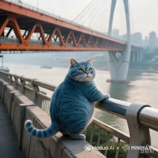 这只猫在桥上大喊，胖猫我好想你，神情狰狞苦闷。双脚在空中挥舞 by Hailuo AI Video Generator