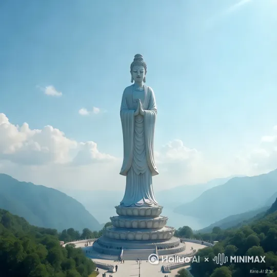 一尊宏伟庄严的菩萨雕像，主体呈纯净的白色，象征神圣与祥和。菩萨面容慈悲，双目微闭，似在俯瞰众生、普度苦难。发髻规整，身披线条流畅、衣褶自然的长袍，衣袂随风似有轻柔摆动之感。
 
菩萨立于巨大的多层莲花基座之上，莲花瓣纹理细腻，层层舒展，寓意出淤泥而不染。背景是青山连绵，山间云雾缭绕，增添神秘空灵氛围，山脚下是郁郁葱葱的树林，呈现出深浅不一的绿色。天空湛蓝，飘浮着几朵洁白如棉絮的云朵，阳光从一侧洒下，为菩萨像勾勒出柔和的光晕，整体画面庄严肃穆，充满神圣的宗教气息。 by Hailuo AI Video Generator