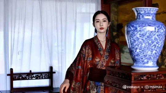 美女慢慢起身走到青花瓷瓶前，仔细端详 by Hailuo AI Video Generator