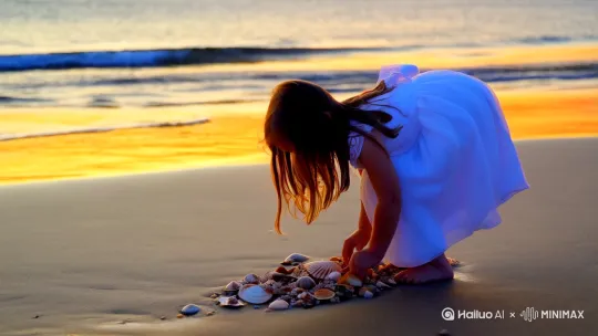 在海边，一小女孩正弯腰捡海螺，海水拍打着小女孩的双脚，看到夕阳西下，小女孩开心地向夕阳奔跑过去，小女孩和夕阳海水融合在一起。 by Hailuo AI Video Generator