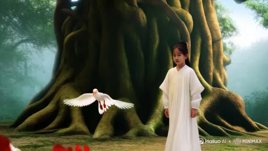 穿着白色纱衣的少女来到了一棵神树前，神鸟围着她飞翔，一个白胡子道士，凝视少女，对她说着她的前世今生。 by Hailuo AI Video Generator