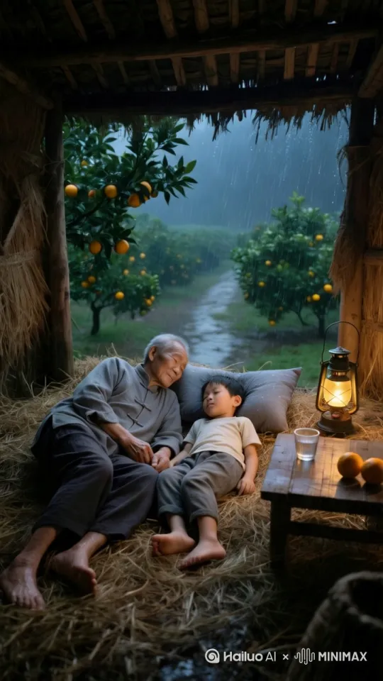 固定镜头不动，果树树枝随风飘动，草棚外下着雨，爷孙俩正在睡觉，呼吸自然，肚子轻微起伏，动作自然，符合逻辑 by Hailuo AI Video Generator