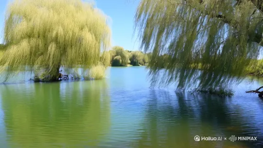 今天，来到了风景美丽的河边，河水清澈见底，岸边垂柳飘飘，漫步在碎石铺成的小路，两边开满了鲜花，让人心旷神怡，流连忘返。[右摇,变焦推进] by Hailuo AI Video Generator