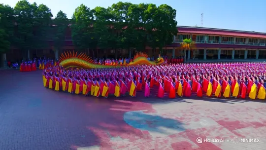 [左移,推进,右摇]学生们摆成一只凤凰，又摆成一条金龙 by Hailuo AI Video Generator