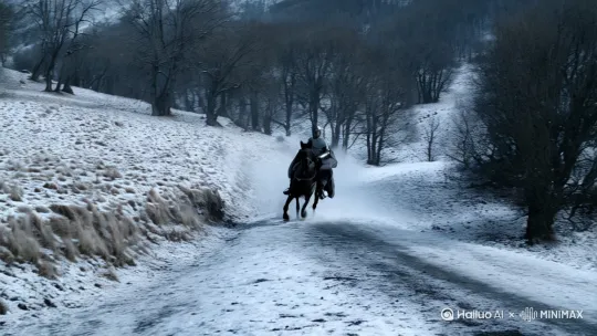 l风雪中，山野的士路上，一古代侠士骑马飞驰，风在刮，披风在飘 by Hailuo AI Video Generator