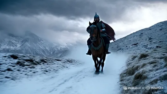 l风雪中，山野的士路上，一古代侠士骑马飞驰，风在刮，披风在飘 by Hailuo AI Video Generator