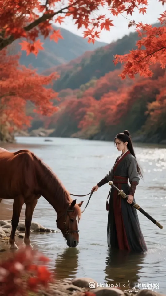 让画面动起来，动作自然流畅合理，镜头慢慢环绕美女与枣红马旋转。高清画质，电影质感， by Hailuo AI Video Generator