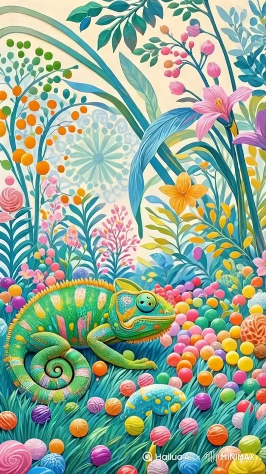 变色龙舒展身体，伸开尾巴，转身向前爬进花丛，镜头跟随变色龙。花草摇曳。 by Hailuo AI Video Generator