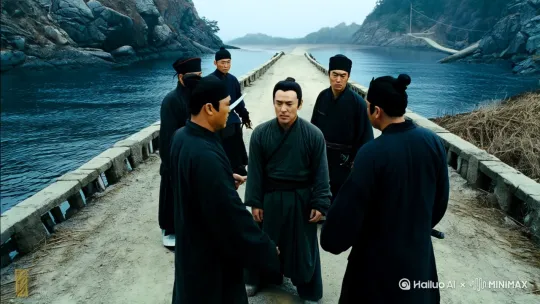 武松大战飞云浦

飞云浦为一处险要之地，"阔港幽深，野路崎岖"，四周荒无人烟，仅有狭窄的浦口桥梁，押送武松的两个公人（解差）与途中出现的两个"提朴刀"的汉子实为杀手。武松早已察觉异样，故装作顺从，实则暗中戒备。过桥时，四人突然发难，企图将武松踢入水中。武松早有准备，瞬间挣脱枷锁，以枷为武器，先击倒一名解差，夺刀后展开反杀，动作迅猛凌厉。说时迟，那时快，武松早把枷只一扭，折作两半个，抢住腰刀，溯死一个，其余三人待要走，被武松追上，一刀一个，俱结果了性命。[晃动] by Hailuo AI Video Generator
