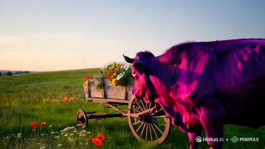 一只紫色的牛在拉牛车。 by Hailuo AI Video Generator
