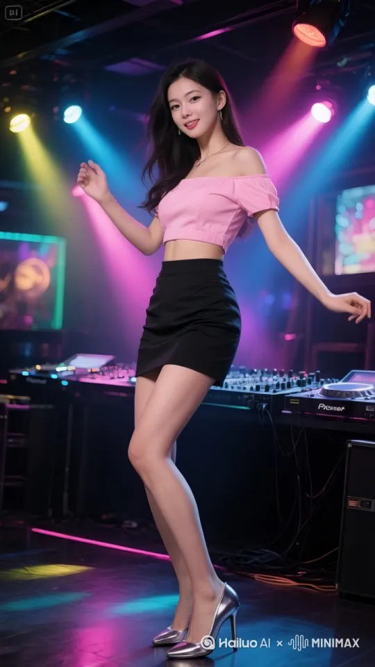 美女在随着动感的dj舞蹈跳舞。 by Hailuo AI Video Generator