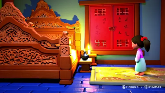 一、【分镜1:床前明月光】
📜场景描述:古风木质卧房,雕花木床旁有半开的红漆窗,月光如薄纱洒在青砖地面,床头小几摆着青铜烛台
👧人物动作:6岁小女孩赤脚踩在绣花地毯上,双手扶着床沿探头看月光,马尾辫随动作微微翘起
🎨风格提示词:
3D cartoon style, Chinese ancient bedroom with carved wooden bed, moonlight through lattice window, warm yellow candlelight contrasts with silver moonlight, a girl with twin ponytails tied with red ribbons wearing pastel hanfu stands barefoot, soft shadows, vibrant but gentle color palette, ultra-detailed textures, Pixar-style lighting, cute chibi proportions
二、【分镜2:疑是地上霜】
📜场景描述:视角转向月光覆盖的青砖地面,窗边盆栽竹叶在风中轻摇,地面反光如结薄霜
👧人物动作:小女孩蹲在地上伸手触碰"霜",另一只手扶着歪头的脸颊,露出困惑表情
🎨风格提示词:
3D cartoon close-up of sparkling frost-like moonbeam on stone floor, girl in pink hanfu crouching with twin red-ribbon ponytails dangling, curious expression with tilted head, translucent frost effects glowing in moonlight, bamboo plant casting delicate shadows, soft blue-silver color scheme with warm skin tones, Blender rendering style
三、【分镜3:举头望明月】
📜场景描述:全景展现小女孩趴在雕花窗台,窗外圆月当空,星河流动,远处有水墨感的山峦轮廓
👧人物动作:双手托腮仰望星空,汉服披帛随风飘起,红丝带在月光下泛着微光
🎨风格提示词:
Wide shot of girl leaning out ancient window gazing at full moon, flowing starry sky with swirling galaxy, traditional architecture details, hanfu sleeves fluttering in night breeze, red ribbons glowing softly, magical realism style, rich purple-blue night colors with golden moonlight, 3D cartoon character with exaggerated cute facial features
四、【分镜4:低头思故乡】
📜场景描述:视角转为俯角,窗边飘落几片银杏叶,桌上展开的信笺隐约可见水墨绘制的故乡小桥流水
👧人物动作:倚窗低头轻抚红丝带,另一手握毛笔悬停信纸上,脚边蜷着打盹的橘猫
🎨风格提示词:
Overhead view of girl writing letter at moonlit desk, autumn leaves falling outside window, orange cat sleeping by inkstone, nostalgic expression with lowered eyelashes, unfinished painting of hometown river scene, warm amber lighting with cool moonbeam accents, soft focus background, consistent character design with signature hairstyle by Hailuo AI Video Generator