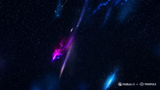 从第三人称视角，看宇宙中满天繁星闪烁，远处还有流星略过，我五颜六色的星云， by Hailuo AI Video Generator