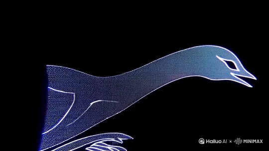 点线画，一丝丝霓虹无数点勾勒出动态飞鸟部轮廓，颗粒点明显，粗细对比强，侧面，头部特写，细节清晰。背景黑色，旋转模糊，通透，拖影，虚幻，唯美，超清，极简 by Hailuo AI Video Generator