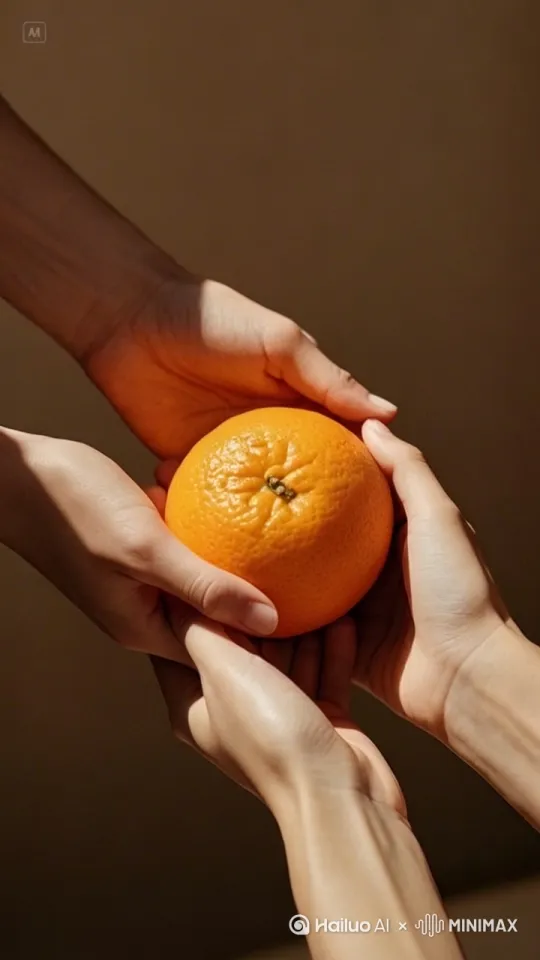把手中的橙子，用两只手从上部掰开。双手向两边打开橙子，里边有红色西瓜瓤，瓤中间还有个桃核被西瓜瓤仓包在中间 by Hailuo AI Video Generator