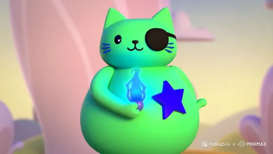 生成一只全身薄荷绿色的猫，右眼戴眼罩，身体上有一颗六芒星，且这颗六芒星是蓝色的，拿着蓝色的火种身体逐渐消散，一定要逐渐消散，不能突然消失，要卡通风格，就和平时短视频平台中胖猫的卡通形象差不多，不过全身是薄荷绿色，而且右眼要戴眼罩，整个右眼都要遮住，要卡通3D的风格 by Hailuo AI Video Generator