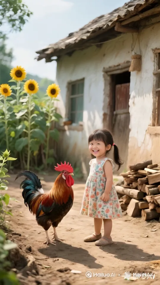 阳光洒满小院，小女孩看着眼前威风凛凛的大公鸡，突然玩性大发。她先是鼓起脸颊，朝着大公鸡“哼”了一声，然后猛地一跺脚，双手握拳，像个小战士般冲向大公鸡。
 
大公鸡也不甘示弱，鸡冠瞬间红得发亮，眼睛圆睁，怒视着小女孩。它双翅微微展开，羽毛根根竖起，对着小女孩“咯咯咯”地叫着示威。
 
小女孩脚步一顿，却没退缩，她弯腰捡起一根小树枝，用力朝着大公鸡挥去。大公鸡敏捷地一侧身，躲开了攻击，接着双爪刨地，扬起一片尘土，然后猛地跃起，锋利的爪子朝着小女孩的方向抓来。
 
小女孩惊呼一声，灵活地向后跳开，眼睛骨碌碌一转，她把树枝一扔，双手在身前舞动，做出吓唬大公鸡的样子。大公鸡似乎被这举动激怒，围着小女孩转圈圈，时不时伸长脖子，用尖嘴去啄小女孩的裙摆。
 
小女孩笑着、闹着，左躲右闪，还时不时伸出小手，试图去抓大公鸡的尾巴。一人一鸡在小院里你来我往，尘土飞扬，欢笑声和鸡叫声交织在一起，回荡在整个小院 。 by Hailuo AI Video Generator