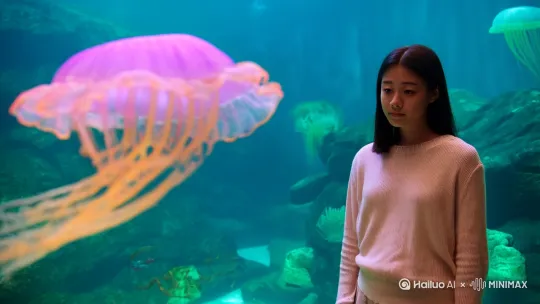 第三段（6 秒）：小 E 在海洋馆观看水母表演，被水母的独特形态吸引，回家后查阅资料，了解到水母毒素在药物研发中的应用，惊叹不已。 by Hailuo AI Video Generator