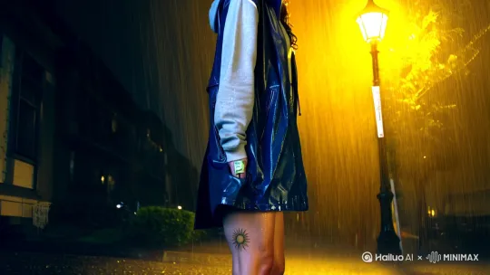 . 暴雨夜/转折点（潮湿、破碎的体面）
 
- 服装：深靛色防水风衣（尺码偏大，像父亲生前的旧外套），内搭浅灰卫衣（领口松垮），下摆和袖口被雨水浸透贴在身上，露出脚踝处褪色的纹身——12岁时和父亲一起纹的小太阳（此时被雨水冲淡，模糊不清）。
 
- 细节：风衣口袋里装着融化的薄荷糖，糖纸边缘在雨水浸泡后卷边，露出父亲手写的“别怕”（童年父亲常塞给她的安慰物）。
 
- 光影映射：雨幕中，路灯的暖黄光晕透过风衣布料，在她后背投下晃动的光斑，宛如父亲曾为她遮挡风雨的剪影；摔倒时，地面水洼倒映破碎的灯光，呼应她内心的崩塌。 by Hailuo AI Video Generator