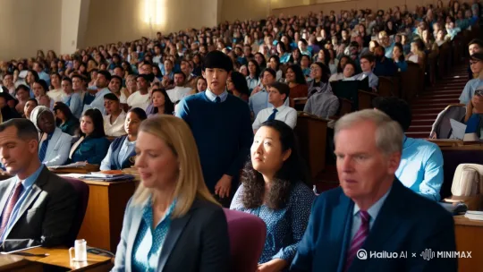 第四段（6 秒）：学校组织海洋知识讲座，小 E 积极提问，和专家探讨海洋生物制药的最新进展，还分享自己在生活中发现的海洋生物制药线索。真人实景 by Hailuo AI Video Generator