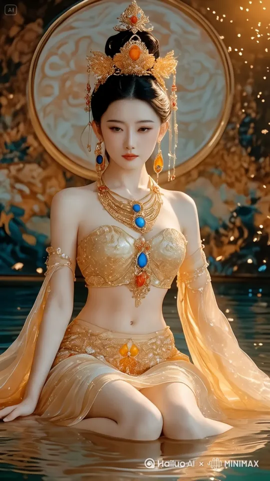 双眼看向前方，双手微微抬起，水面泛起涟漪[推进] by Hailuo AI Video Generator