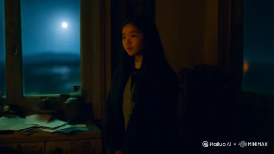 第六段（6 秒）：晚上，小 E 看着窗外的月光，回忆一天的经历，在日记本上画下海洋生物与药瓶的插画，写下 “海洋是生物制药的宝藏库，等我去探索”。 by Hailuo AI Video Generator