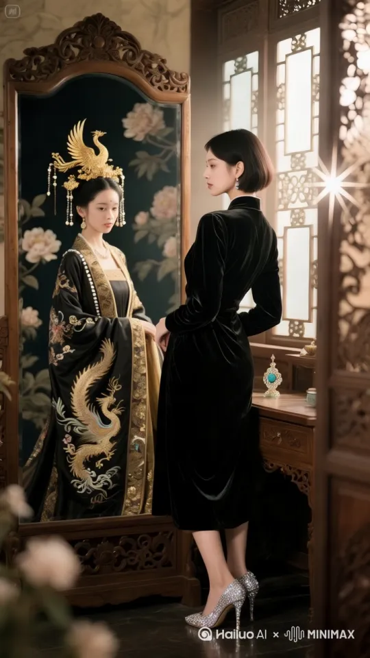 黑裙子的女生转过来，正面照。古装女生对着镜子微笑[左移,上升] by Hailuo AI Video Generator