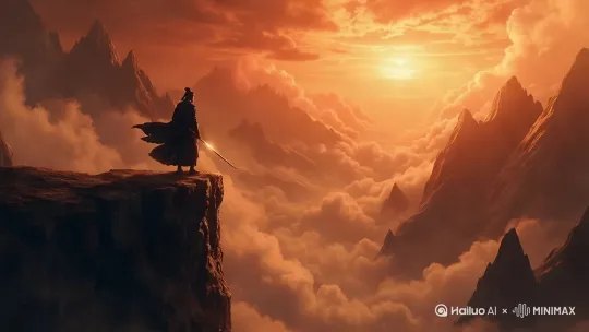 镜头逐渐远离，上升拉起，侠客站在悬崖边上，衣衫在风中飘动飞舞，白色的云雾缓缓流动 by Hailuo AI Video Generator