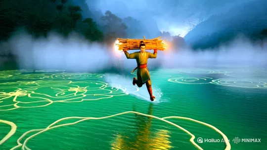 Ultra realistic CG, Ancient Chinese warrior running on emerald lake while carrying firewood, dynamic camera angles, misty morning light with volumetric fog, water ripples forming lotus patterns, slow-motion water droplets splashing from wood, traditional ink painting effects blending with 3D animation, cinematic color grading in cyan and gold tones, Unreal Engine 5 rendering --ar 9:16 --v 6 by Hailuo AI Video Generator
