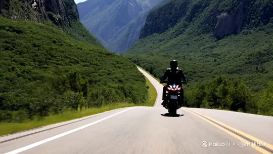 （推进）自由骑行在一望无际的公路，周边都是山川树木 by Hailuo AI Video Generator