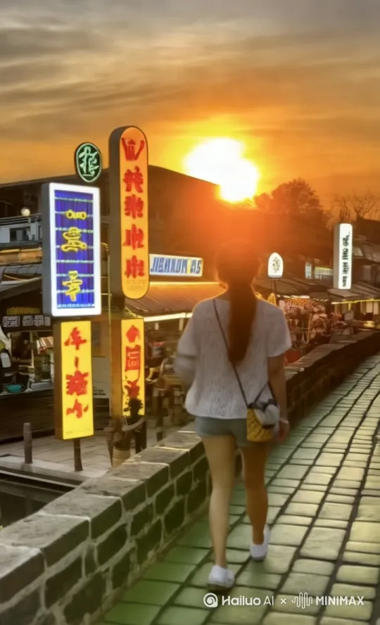 中女士在夕阳中摇摆着头上的马尾，迈着轻盈的步子渐渐远去。 by Hailuo AI Video Generator