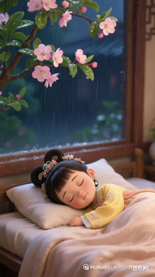 从床上爬起来，揉揉眼睛，看看窗外，正下着雨 by Hailuo AI Video Generator
