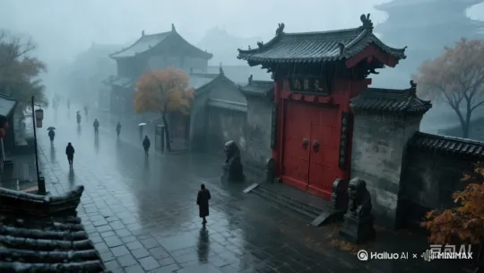 景别：全景
画面：深秋的长安，细雨如丝，朦胧的雨雾笼罩着整个城市。镜头从高空缓缓下降，展现青石板路泛着冷光，街道上行人稀少，镜头缓缓推向一座朱红大门，门上牌匾隐约可见字迹
运镜：俯拍，缓慢下降推进
色调：冷色调，青灰色与暗红色交织
时长：8s by Hailuo AI Video Generator